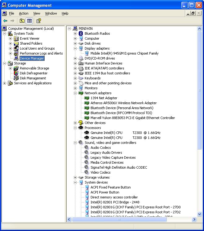 How windows sees the devices on the mini